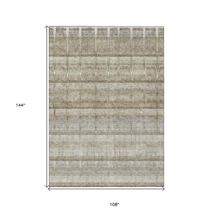 9' X 12' Taupe Gray And Beige Striped Washable Indoor Outdoor Area Rug