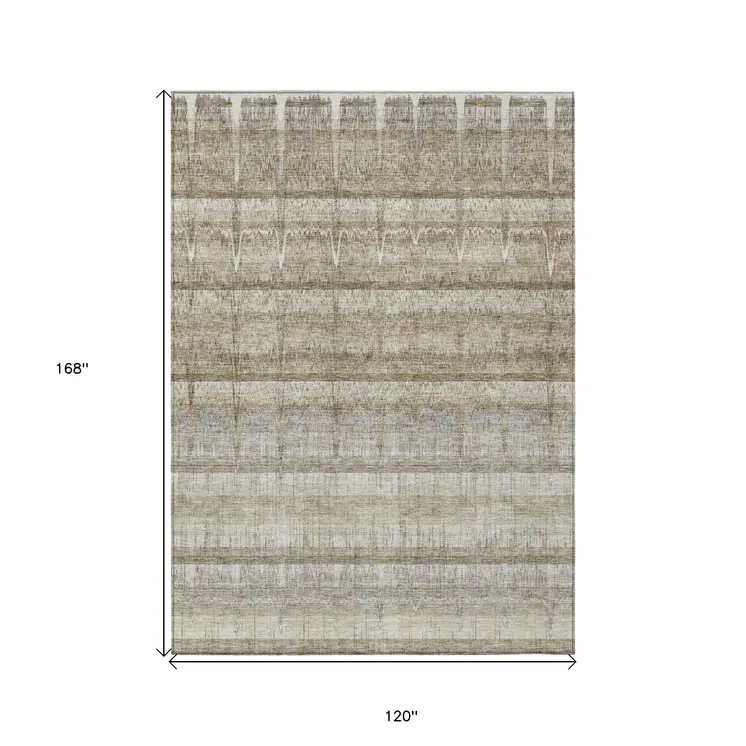 10' X 14' Taupe Gray And Beige Striped Washable Indoor Outdoor Area Rug