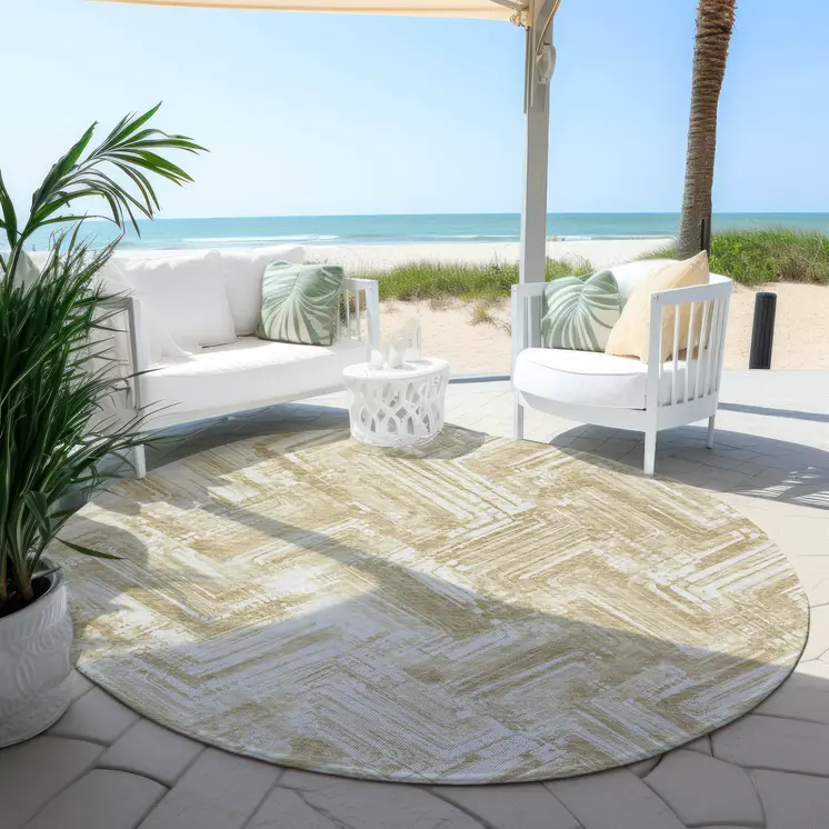 8' Beige Tan And Ivory Round Geometric Washable Indoor Outdoor Area Rug