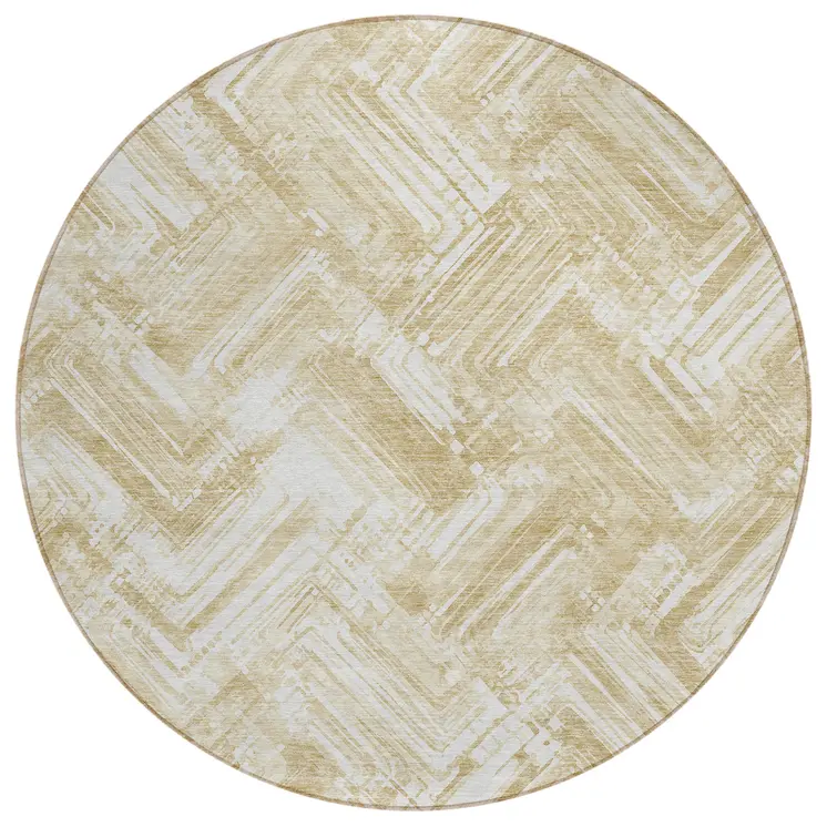 8' Beige Tan And Ivory Round Geometric Washable Indoor Outdoor Area Rug