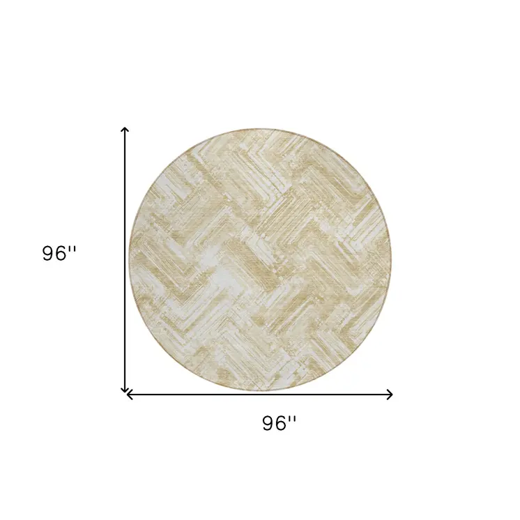 8' Beige Tan And Ivory Round Geometric Washable Indoor Outdoor Area Rug