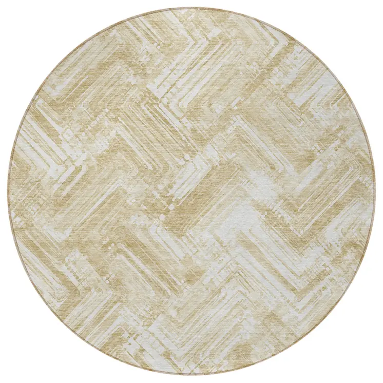 8' Beige Tan And Ivory Round Geometric Washable Indoor Outdoor Area Rug