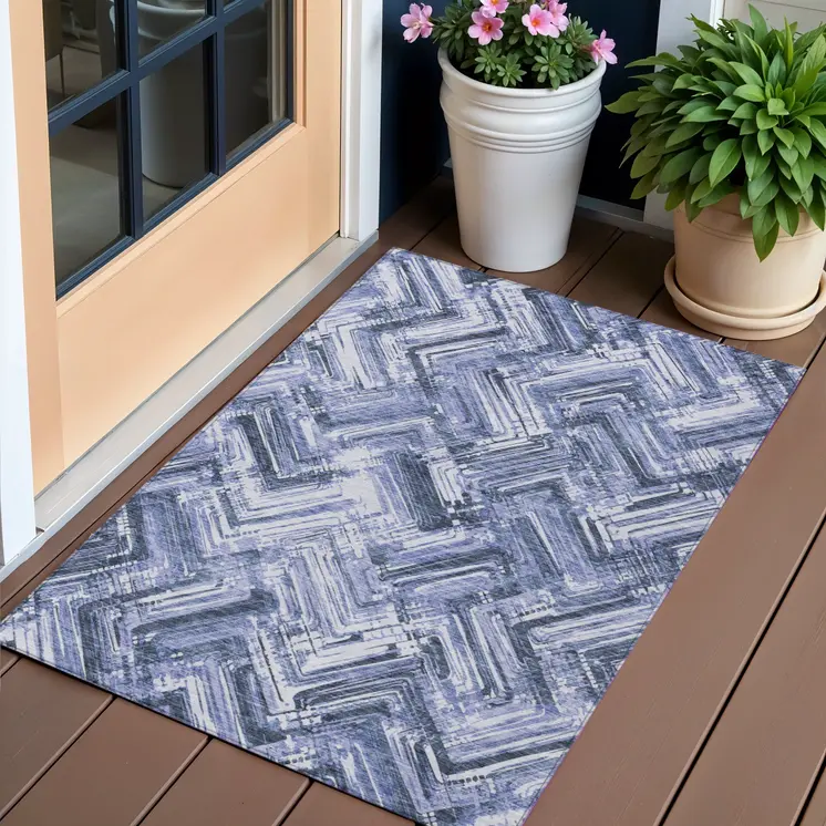 3' X 5' Navy Blue And Sky Blue Geometric Washable Indoor Outdoor Area Rug