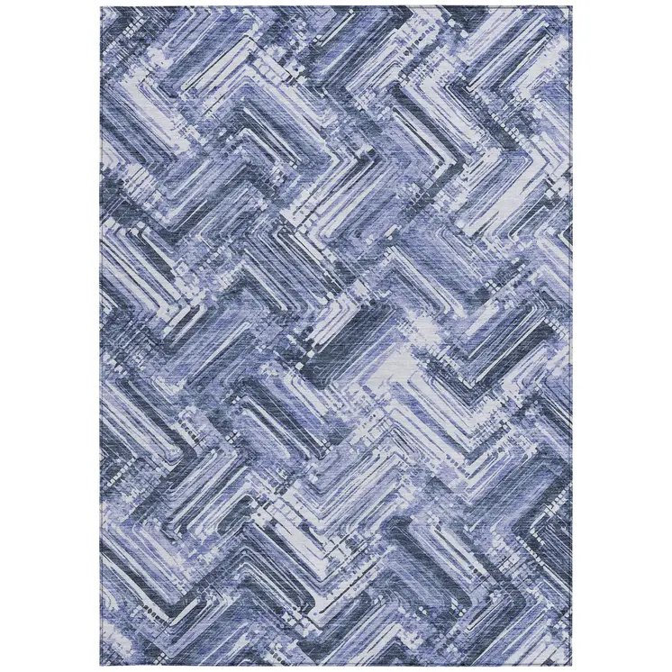5' X 8' Navy Blue And Sky Blue Geometric Washable Indoor Outdoor Area Rug