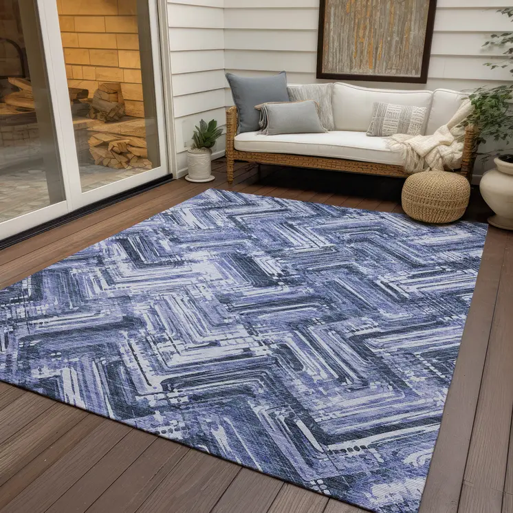 5' X 8' Navy Blue And Sky Blue Geometric Washable Indoor Outdoor Area Rug