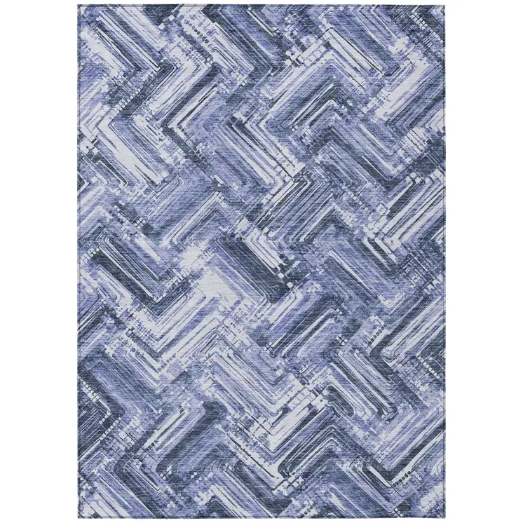 5' X 8' Navy Blue And Sky Blue Geometric Washable Indoor Outdoor Area Rug