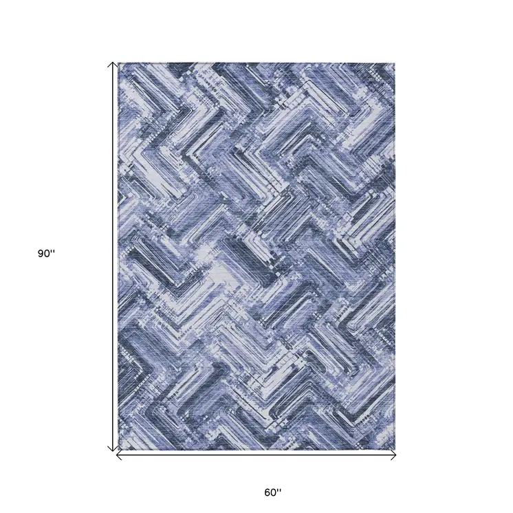5' X 8' Navy Blue And Sky Blue Geometric Washable Indoor Outdoor Area Rug