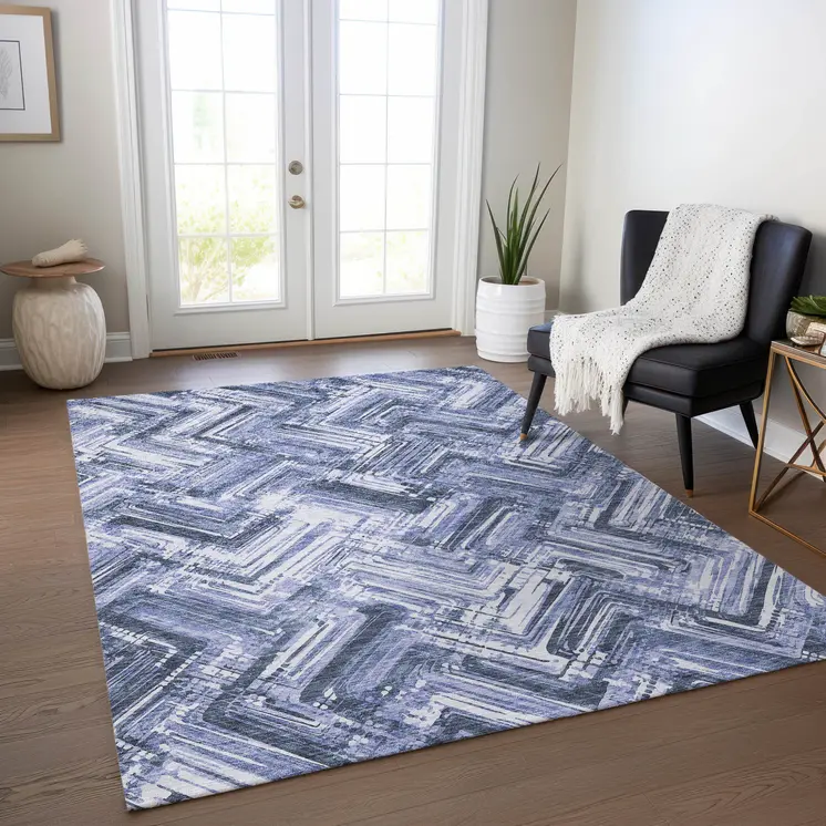 5' X 8' Navy Blue And Sky Blue Geometric Washable Indoor Outdoor Area Rug