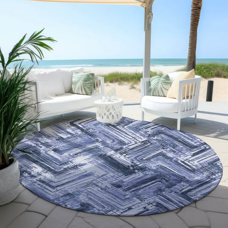 8' Navy Blue And Sky Blue Round Geometric Washable Indoor Outdoor Area Rug