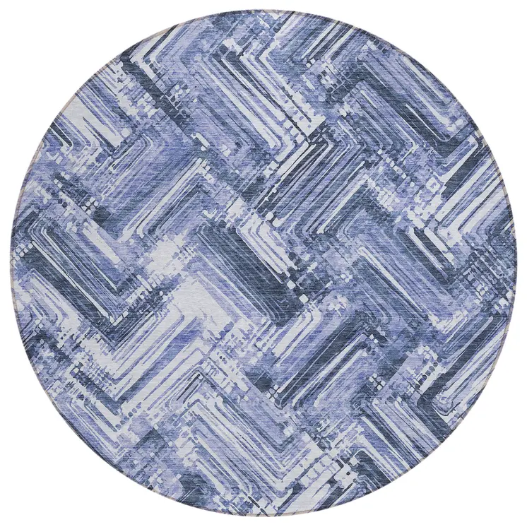 8' Navy Blue And Sky Blue Round Geometric Washable Indoor Outdoor Area Rug