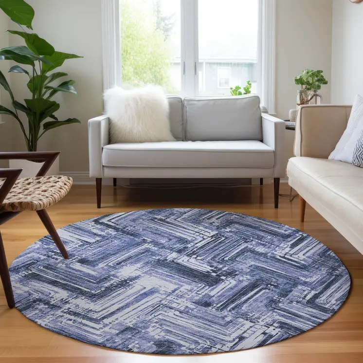 8' Navy Blue And Sky Blue Round Geometric Washable Indoor Outdoor Area Rug
