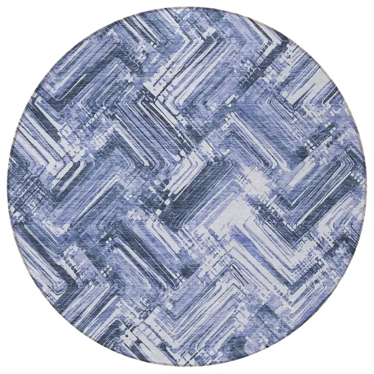 8' Navy Blue And Sky Blue Round Geometric Washable Indoor Outdoor Area Rug