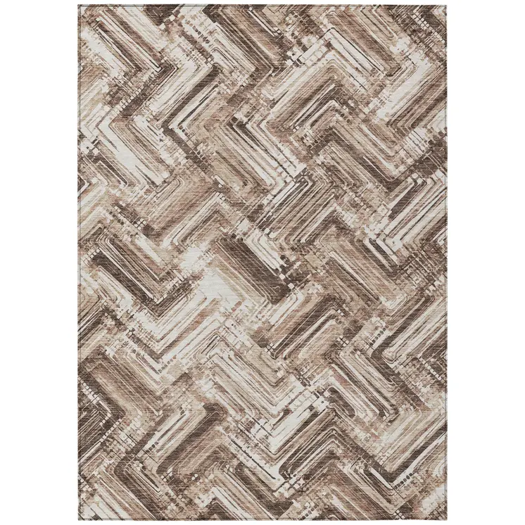 5' X 8' Brown Taupe And Tan Geometric Washable Indoor Outdoor Area Rug