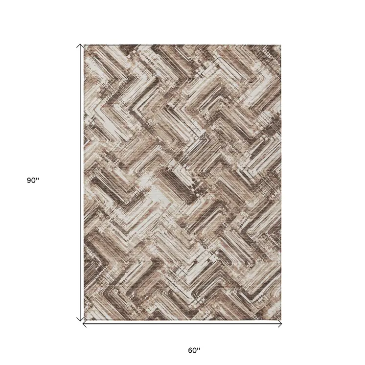 5' X 8' Brown Taupe And Tan Geometric Washable Indoor Outdoor Area Rug