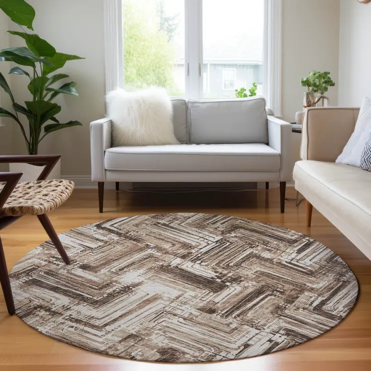 8' Brown Taupe And Tan Round Geometric Washable Indoor Outdoor Area Rug