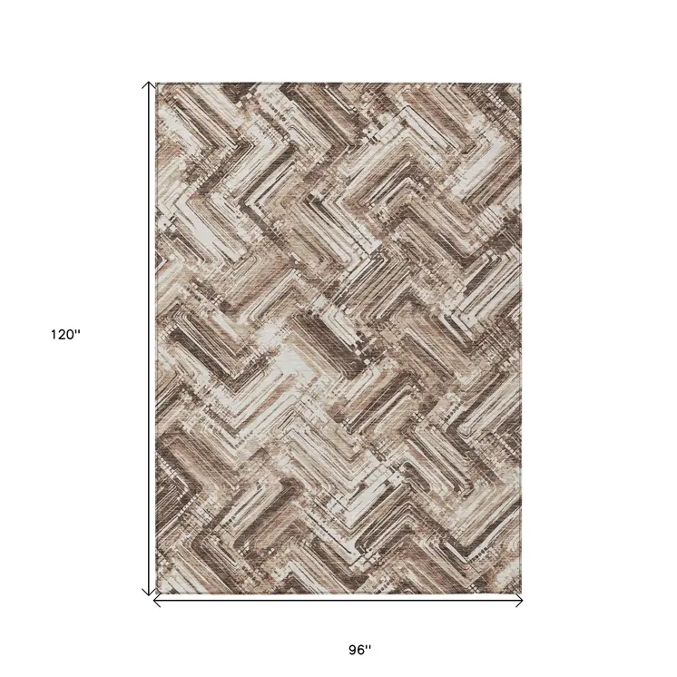 8' X 10' Brown Taupe And Tan Geometric Washable Indoor Outdoor Area Rug