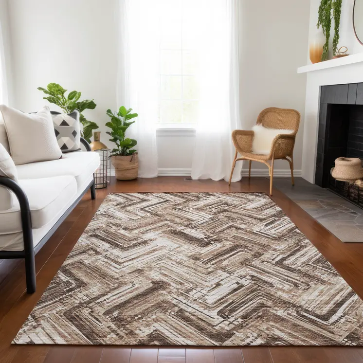 8' X 10' Brown Taupe And Tan Geometric Washable Indoor Outdoor Area Rug
