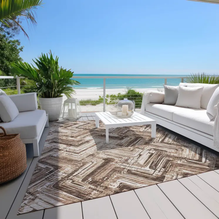 10' X 14' Brown Taupe And Tan Geometric Washable Indoor Outdoor Area Rug
