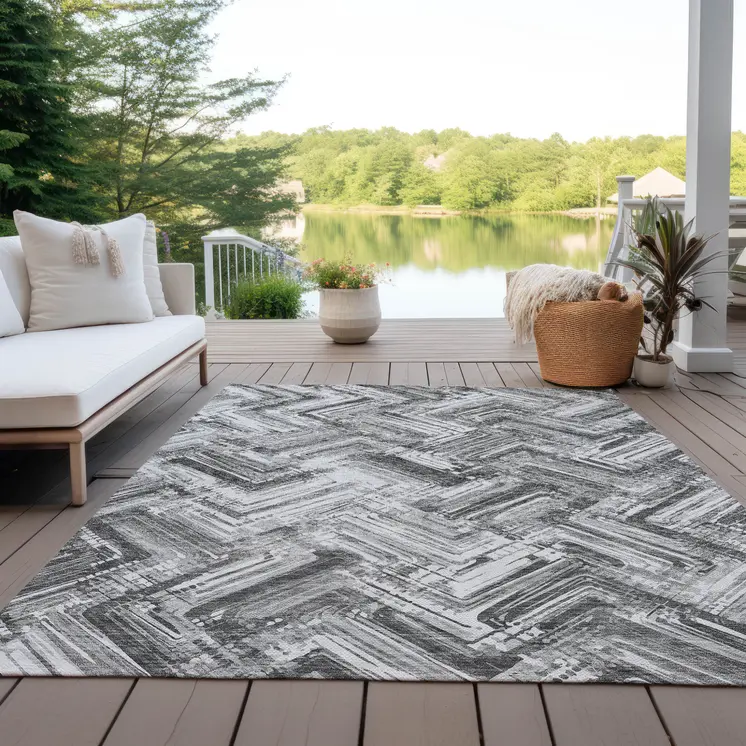 3' X 5' Gray Silver And Ivory Geometric Washable Indoor Outdoor Area Rug