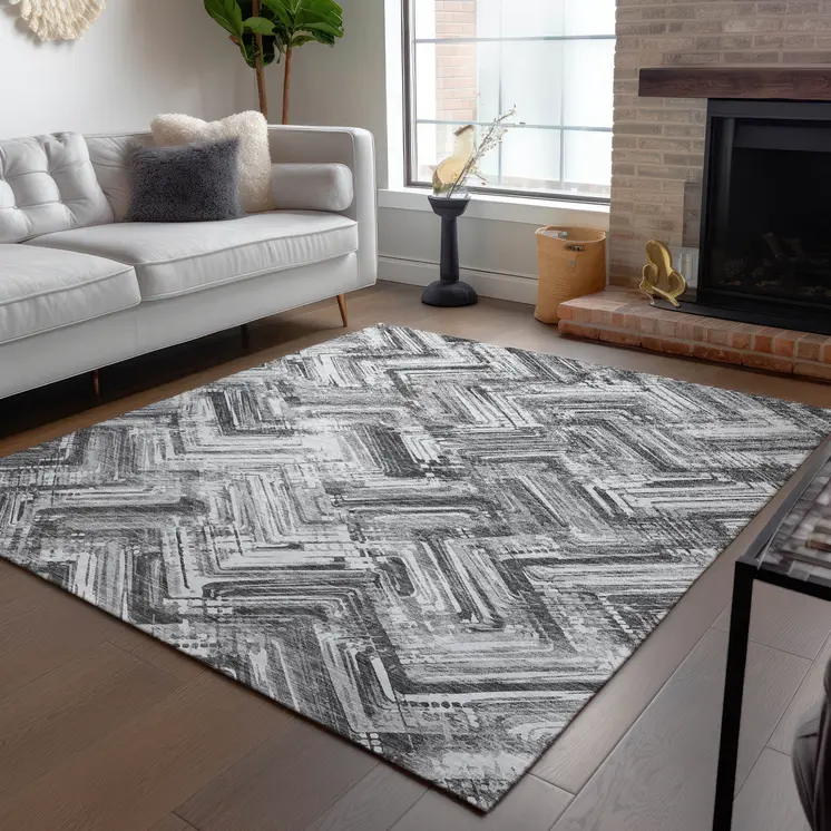 3' X 5' Gray Silver And Ivory Geometric Washable Indoor Outdoor Area Rug