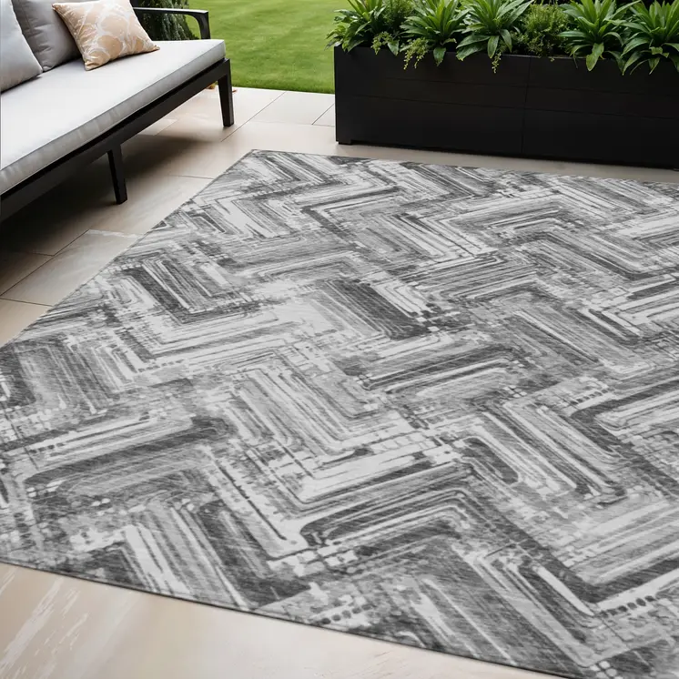 5' X 8' Gray Silver And Ivory Geometric Washable Indoor Outdoor Area Rug