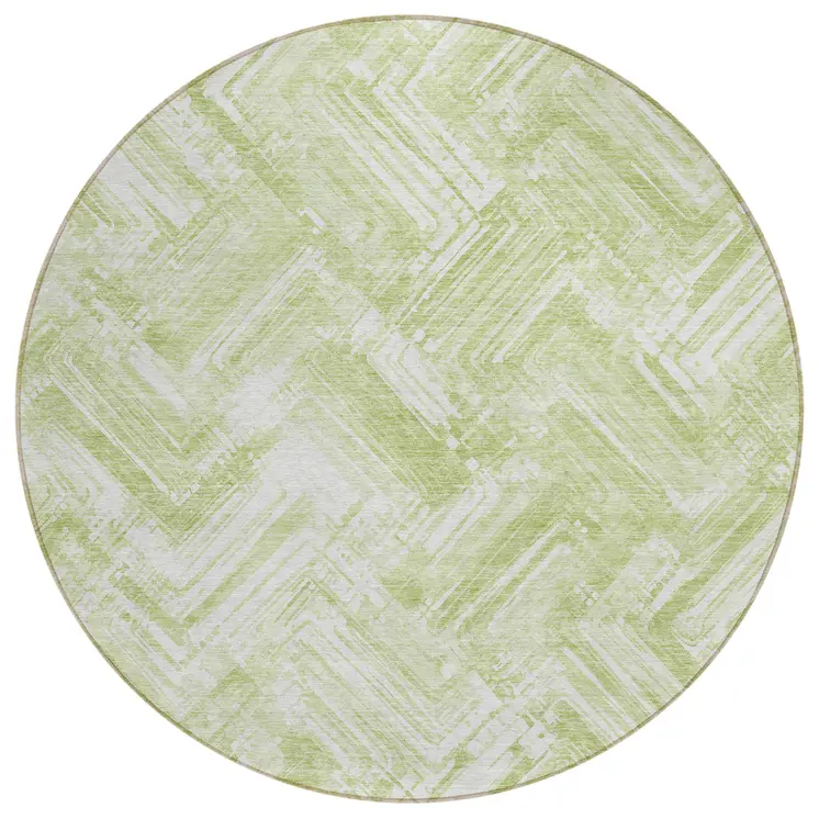 8' Green And Ivory Round Geometric Washable Indoor Outdoor Area Rug