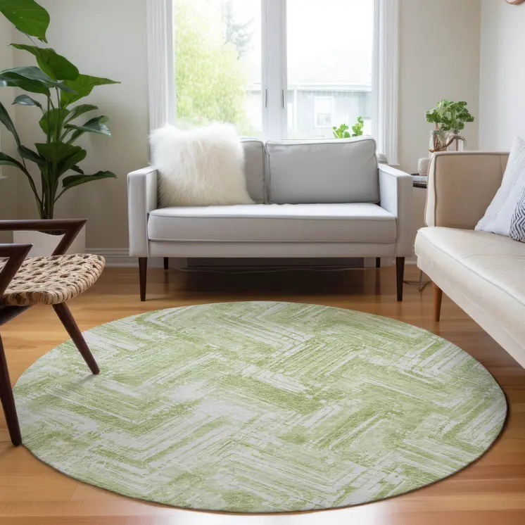 8' Green And Ivory Round Geometric Washable Indoor Outdoor Area Rug