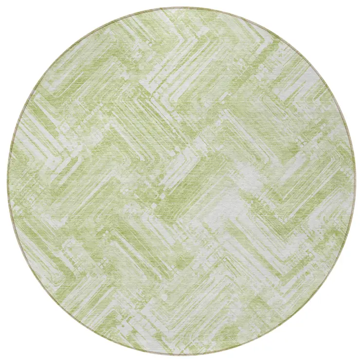 8' Green And Ivory Round Geometric Washable Indoor Outdoor Area Rug