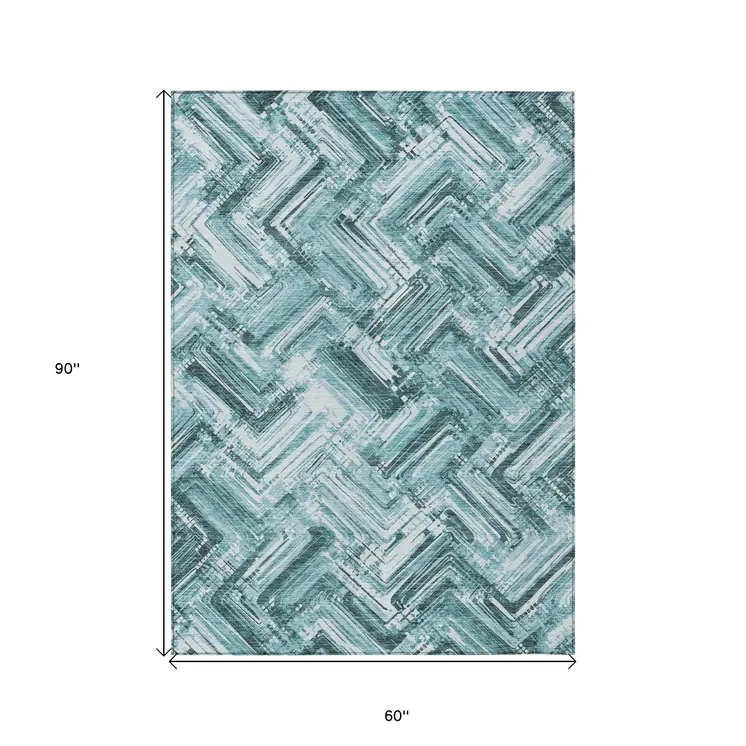 5' X 8' Teal Blue Aqua And Ivory Geometric Washable Indoor Outdoor Area Rug