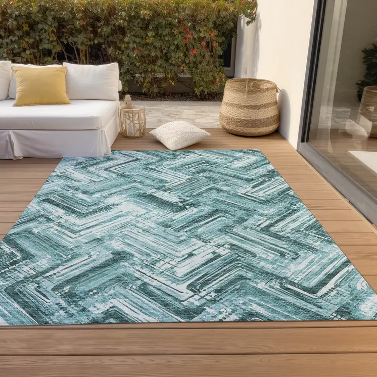 8' X 10' Teal Blue Aqua And Ivory Geometric Washable Indoor Outdoor Area Rug