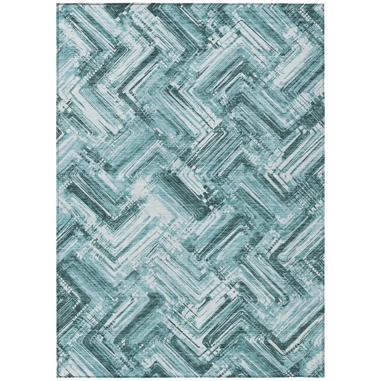 8' X 10' Teal Blue Aqua And Ivory Geometric Washable Indoor Outdoor Area Rug
