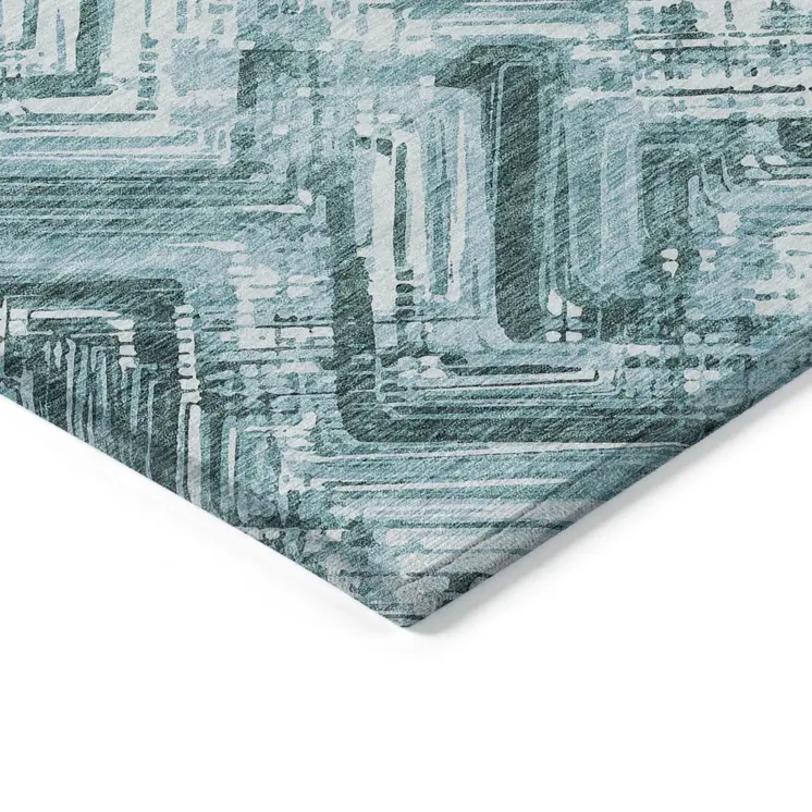 8' X 10' Teal Blue Aqua And Ivory Geometric Washable Indoor Outdoor Area Rug
