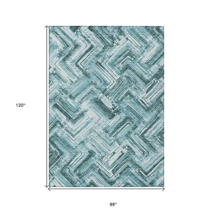 8' X 10' Teal Blue Aqua And Ivory Geometric Washable Indoor Outdoor Area Rug