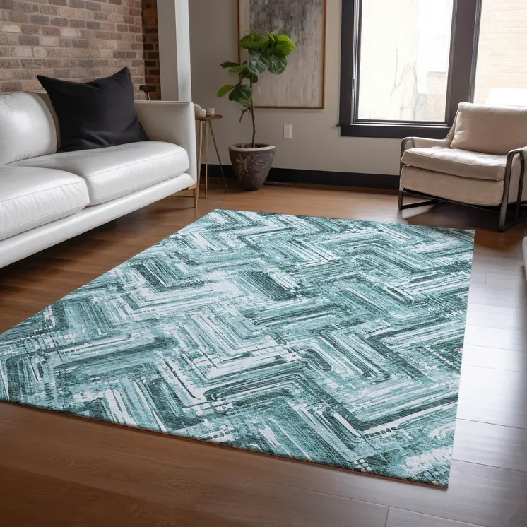 8' X 10' Teal Blue Aqua And Ivory Geometric Washable Indoor Outdoor Area Rug