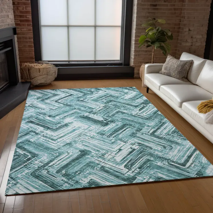 8' X 10' Teal Blue Aqua And Ivory Geometric Washable Indoor Outdoor Area Rug