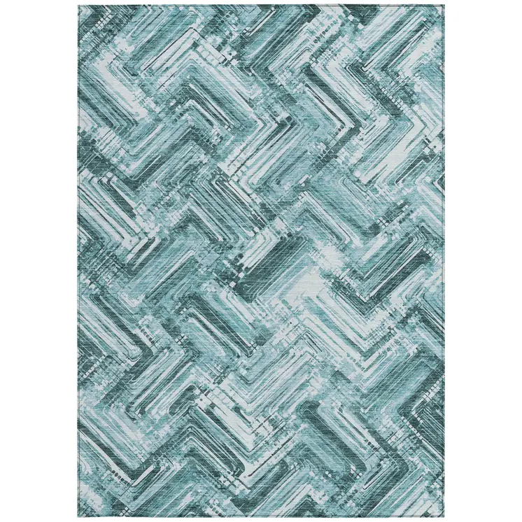 10' X 14' Teal Blue Aqua And Ivory Geometric Washable Indoor Outdoor Area Rug