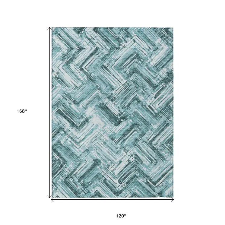 10' X 14' Teal Blue Aqua And Ivory Geometric Washable Indoor Outdoor Area Rug