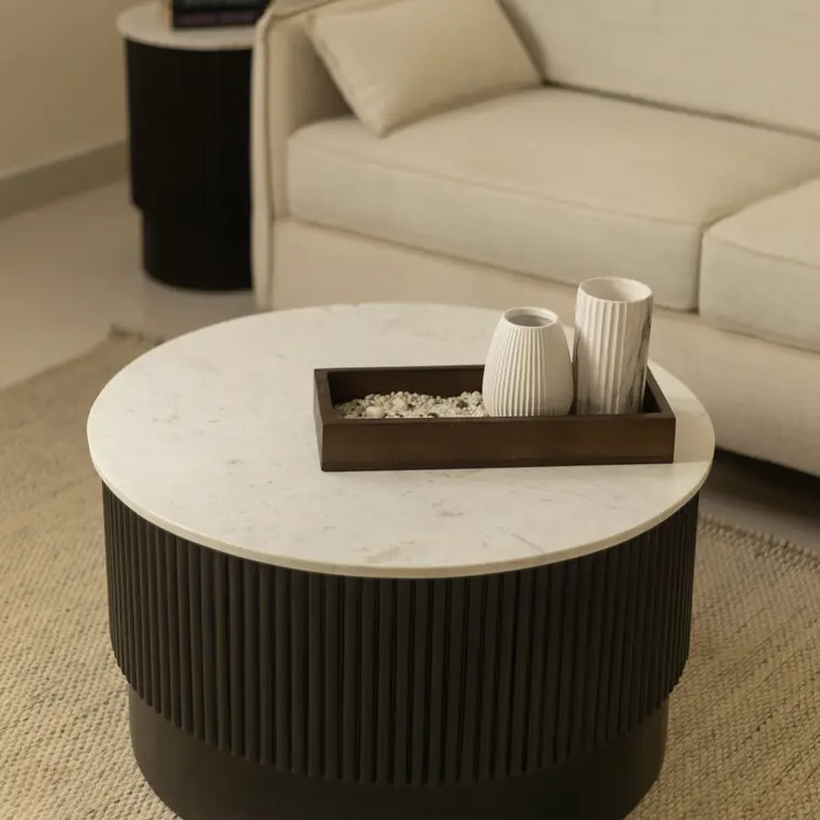 31" White And Dark Brown Genuine Marble And Solid Wood Round Drum Coffee Table