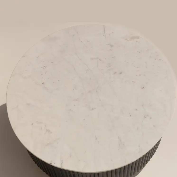 31" White And Dark Brown Genuine Marble And Solid Wood Round Drum Coffee Table