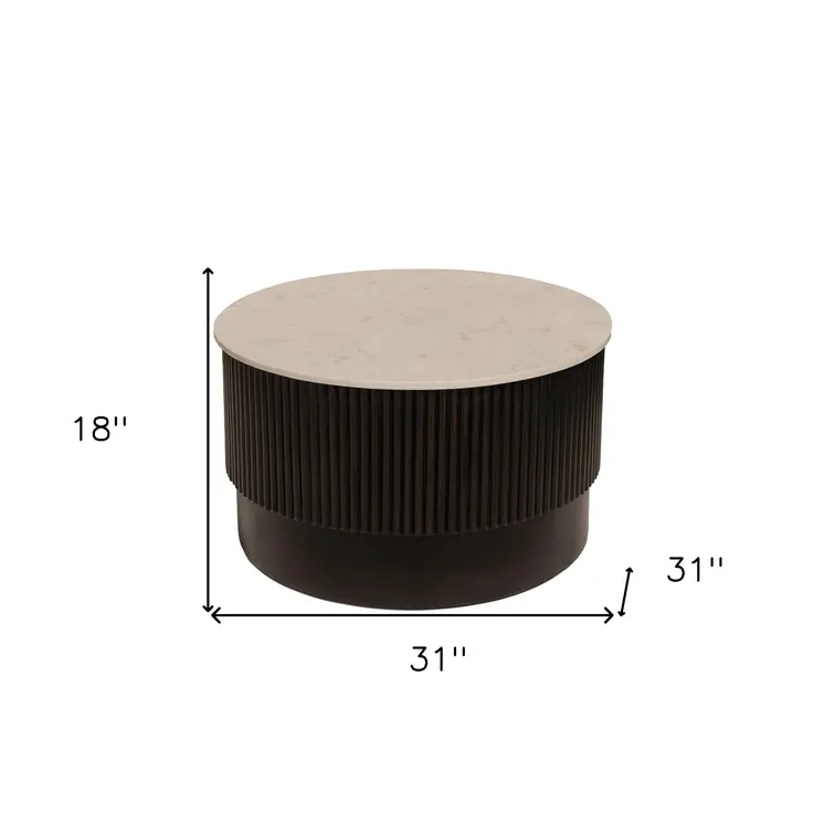 31" White And Dark Brown Genuine Marble And Solid Wood Round Drum Coffee Table