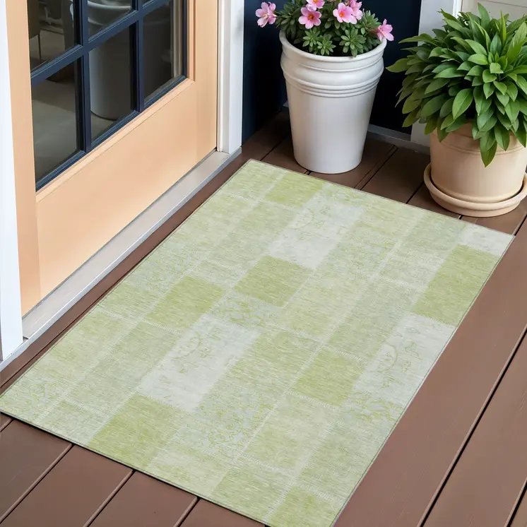 3' X 5' Artichoke Green And Ivory Patchwork Washable Indoor Outdoor Area Rug