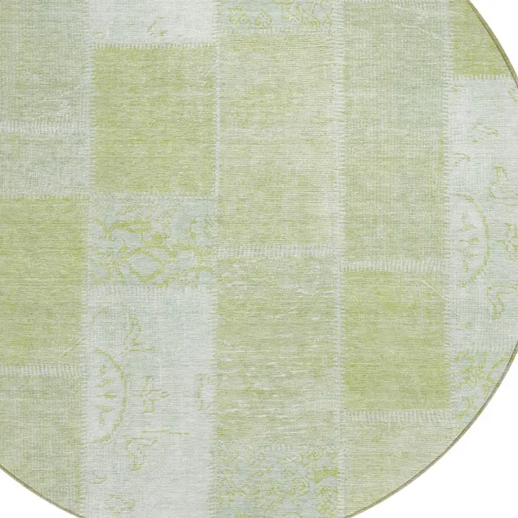 8' Artichoke Green And Ivory Round Patchwork Washable Indoor Outdoor Area Rug