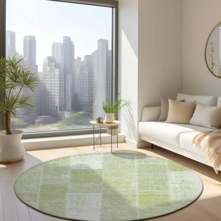 8' Artichoke Green And Ivory Round Patchwork Washable Indoor Outdoor Area Rug