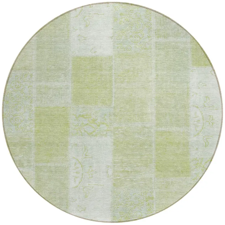 8' Artichoke Green And Ivory Round Patchwork Washable Indoor Outdoor Area Rug