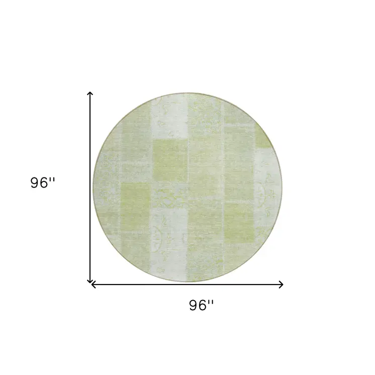 8' Artichoke Green And Ivory Round Patchwork Washable Indoor Outdoor Area Rug