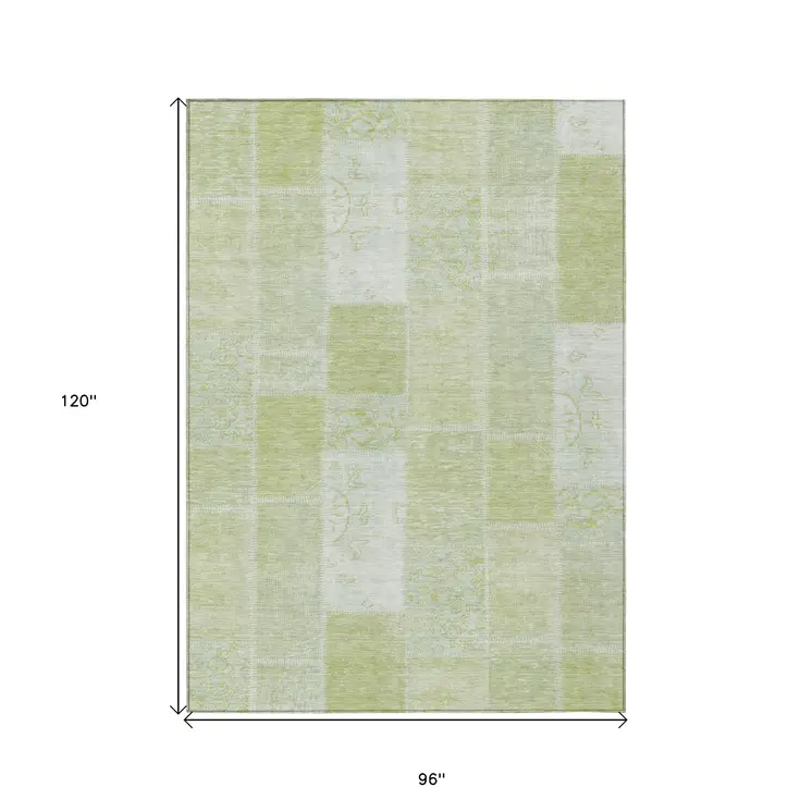8' X 10' Artichoke Green And Ivory Patchwork Washable Indoor Outdoor Area Rug
