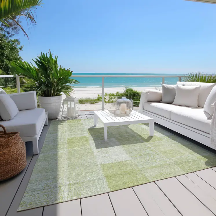 8' X 10' Artichoke Green And Ivory Patchwork Washable Indoor Outdoor Area Rug