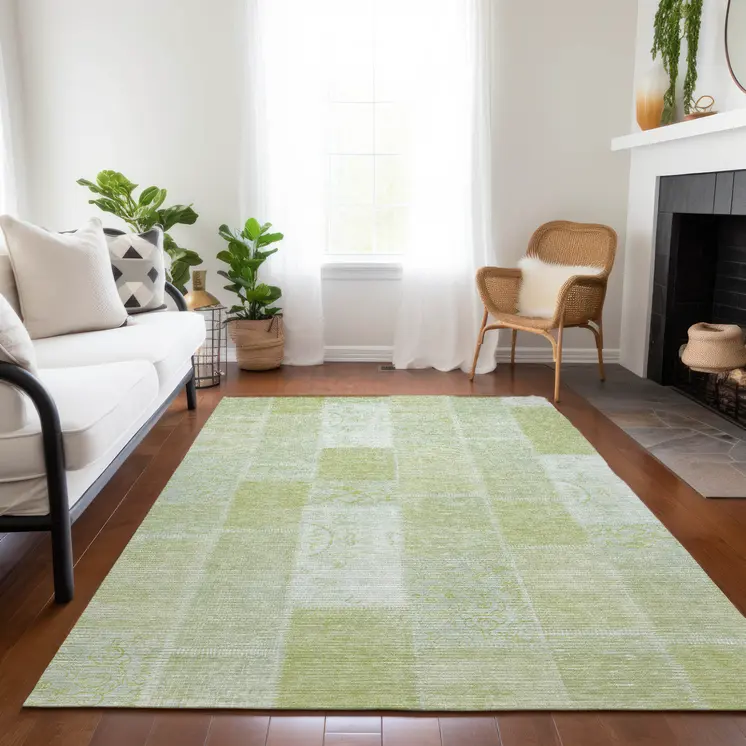10' X 14' Artichoke Green And Ivory Patchwork Washable Indoor Outdoor Area Rug