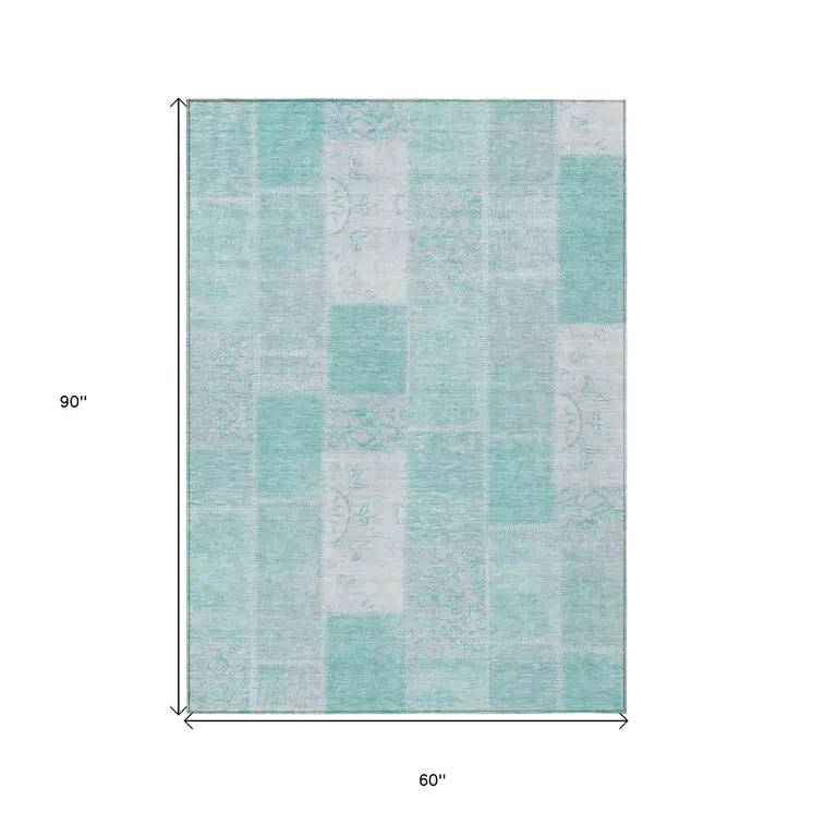 5' X 8' Aqua Teal Blue And Silver Patchwork Washable Indoor Outdoor Area Rug