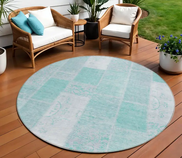 8' Aqua Teal Blue And Silver Round Patchwork Washable Indoor Outdoor Area Rug